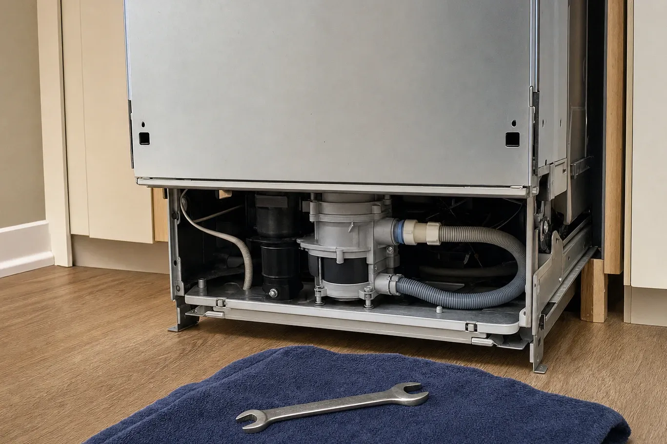 Built-in dishwasher pulled forward with its lower panel off, showing the pumps, sump and drain hose
