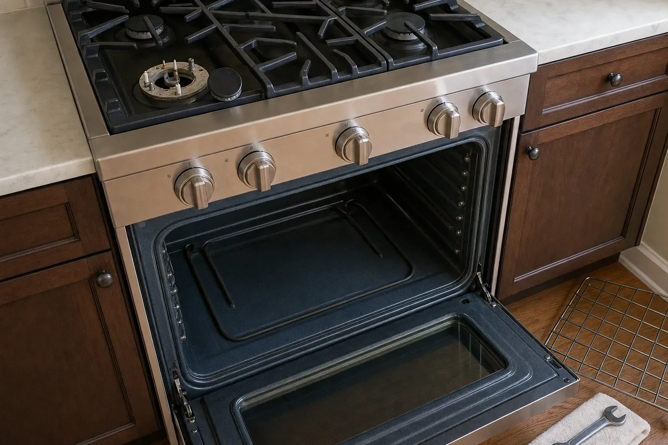 Gas range with the front burner in pieces, its igniter electrode exposed and the oven door lowered